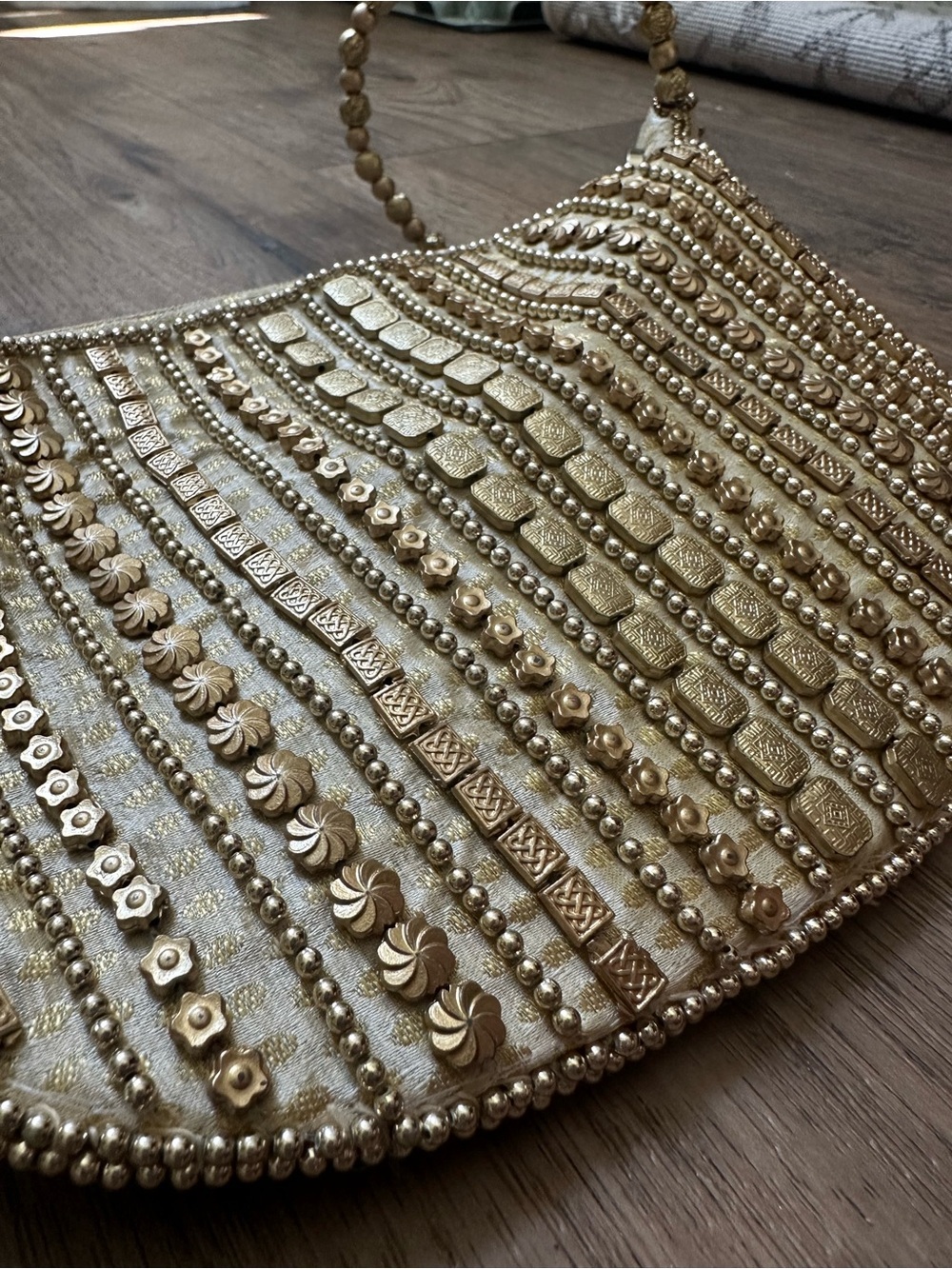Handicraft Gold Beaded Potli Bag, Vintage Inspired Accents, Lotus Clutch, 11"x7" - Picture 6 of 15